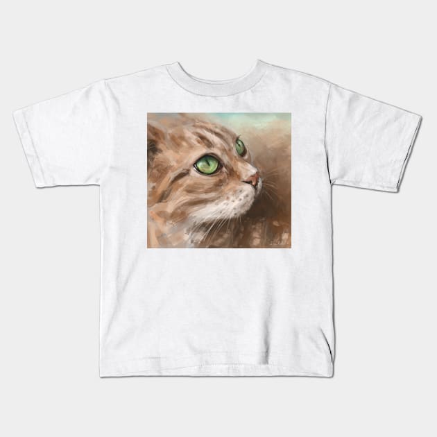 Painting of a Blonde Cat with Bright Green Eyes Looking to the Side Kids T-Shirt by ibadishi